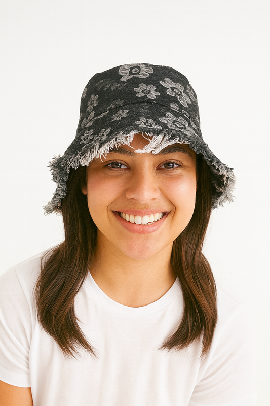 Bucket Hat – Denim White Floral/ Frayed Hem