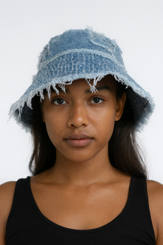 Bucket Hat  – Denim Frayed Triangle Design