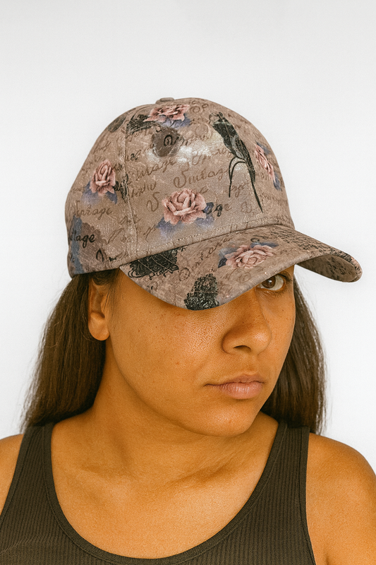 Cap - Vintage Rose Print - Beige/Pink
