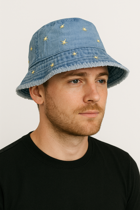 Bucket Hat  – Demin Frayed Sunflower